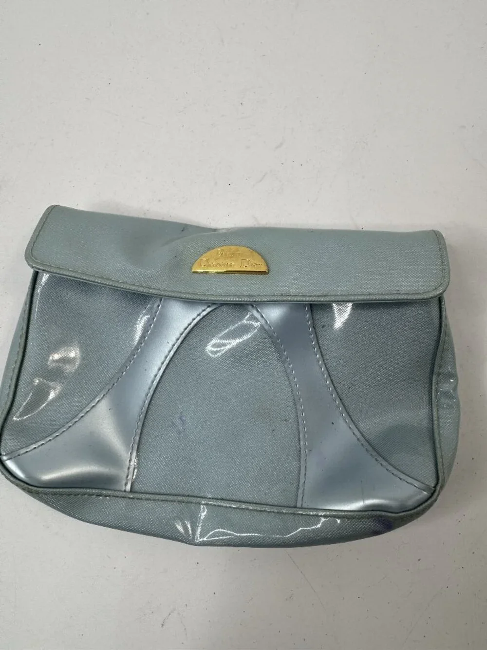 Christian Dior Parfums Light Blue Cosmetic Bag With Gold Logo Accent & Snap Clos